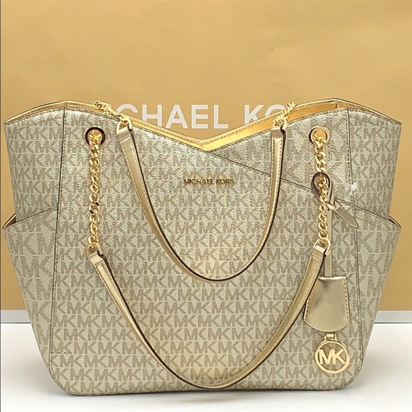 MICHAEL KORS LARGE X CHAIN SHOULDER TOTE BAG PALE GOLD COLOR - Picture 4 of 16